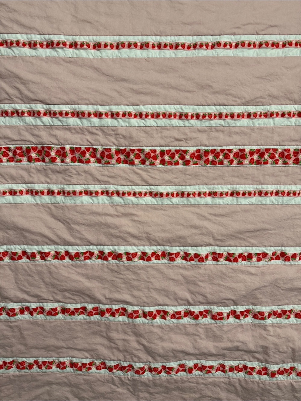 Handmade Pink Strawberry Stripe Quilted Throw Blanket